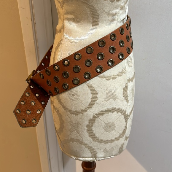 Vintage Genuine Leather Brass Buckle Multiple Grommets Suede Adjustable Belt - Picture 8 of 12